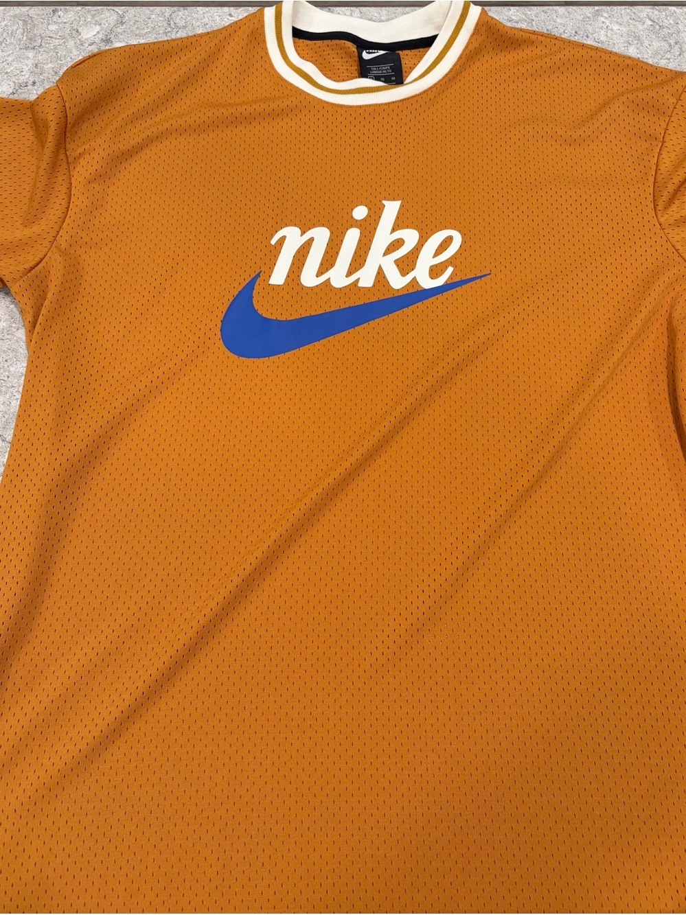 Nike Men’s Gold Mesh Logo Tee with Blue Swoosh-XL Tall